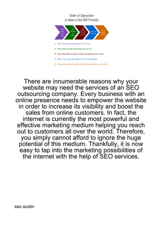 There are innumerable reasons why your
   website may need the services of an SEO
 outsourcing company. Every business with an
online presence needs to empower the website
 in order to increase its visibility and boost the
    sales from online customers. In fact, the
   internet is currently the most powerful and
effective marketing medium helping you reach
out to customers all over the world. Therefore,
  you simply cannot afford to ignore the huge
 potential of this medium. Thankfully, it is now
  easy to tap into the marketing possibilities of
   the internet with the help of SEO services.




seo austin
 