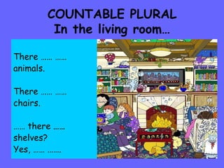 COUNTABLE PLURAL In the living room… There …… …… animals. There …… …… chairs.  ……  there  ……  shelves? Yes, …… ……. 