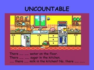 UNCOUNTABLE There  ……   ……  water on the floor. There  …… ……  sugar in the kitchen. ……   there  ……  milk in the kitchen? No, there  ……   ……. 