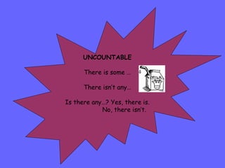 UNCOUNTABLE There is some … There isn’t any… Is there any…? Yes, there is. No, there isn’t. 
