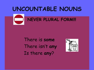 UNCOUNTABLE NOUNS NEVER PLURAL FORM!!! There is  some There isn’t  any Is there  any ?  
