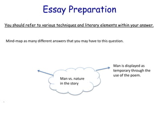 Essay Preparation
You should refer to various techniques and literary elements within your answer.
Mind-map as many different answers that you may have to this question.
Man vs. nature
in the story
Man is displayed as
temporary through the
use of the poem.
.
 