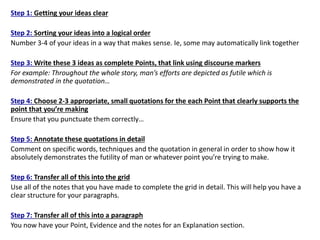 Step 1: Getting your ideas clear
Step 2: Sorting your ideas into a logical order
Number 3-4 of your ideas in a way that makes sense. Ie, some may automatically link together
Step 3: Write these 3 ideas as complete Points, that link using discourse markers
For example: Throughout the whole story, man’s efforts are depicted as futile which is
demonstrated in the quotation…
Step 4: Choose 2-3 appropriate, small quotations for the each Point that clearly supports the
point that you’re making
Ensure that you punctuate them correctly…
Step 5: Annotate these quotations in detail
Comment on specific words, techniques and the quotation in general in order to show how it
absolutely demonstrates the futility of man or whatever point you’re trying to make.
Step 6: Transfer all of this into the grid
Use all of the notes that you have made to complete the grid in detail. This will help you have a
clear structure for your paragraphs.
Step 7: Transfer all of this into a paragraph
You now have your Point, Evidence and the notes for an Explanation section.
 
