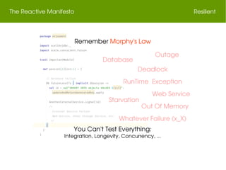 The Reactive Manifesto Resilient
Database
Web Service
RunTime  Exception
Outage
Deadlock
Starvation
Out Of Memory
Whatever Failure (x_X)
Remember Morphy's Law
You Can't Test Everything:
Integration, Longevity, Concurrency, ...
 