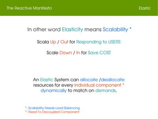 The Reactive Manifesto Elastic
 In other word Elasticity means Scalability *
Scala Up / Out for Responding to USERS
Scale Down / In for Save COST
An Elastic System can allocate /deallocate 
resources for every individual component * 
dynamically to match on demands.
 *: Scalability Needs Load Balancing
 *: Need To Decoupled Component
 