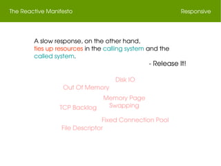 The Reactive Manifesto Responsive
 ­ Release It!
A slow response, on the other hand,
ties up resources in the calling system and the 
called system.
Out Of Memory
TCP Backlog
Memory Page 
Swapping
Disk IO
Fixed Connection Pool
File Descriptor
 