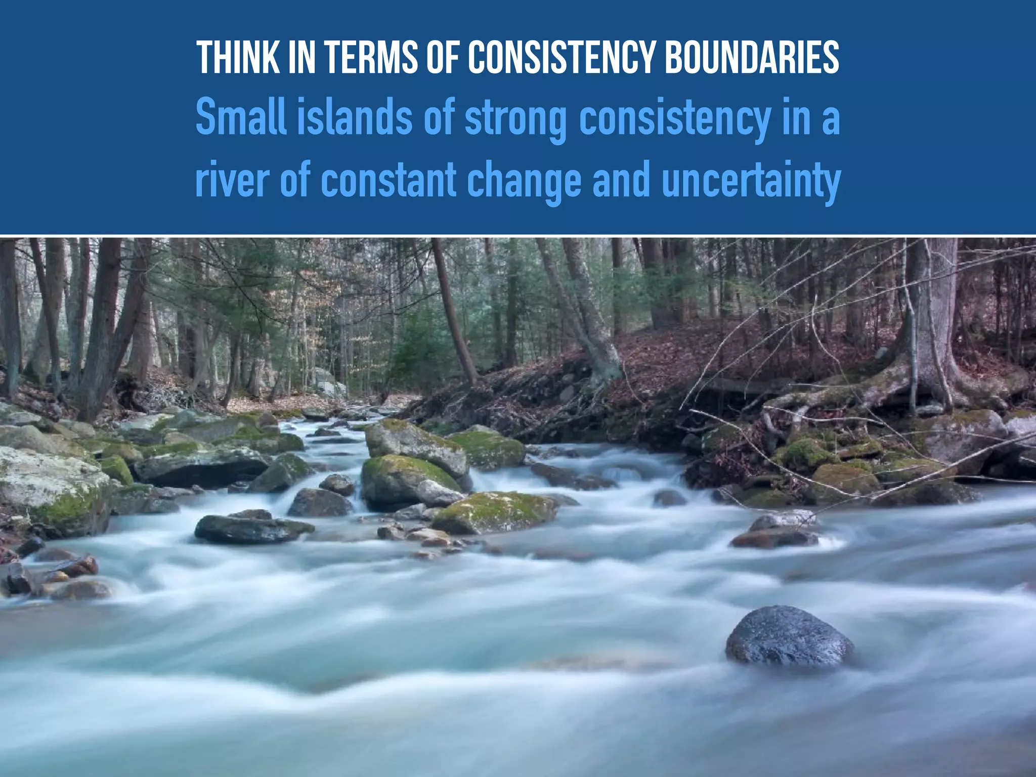 Think In Terms Of Consistency Boundaries
Small islands of strong consistency in a
river of constant change and uncertainty
 