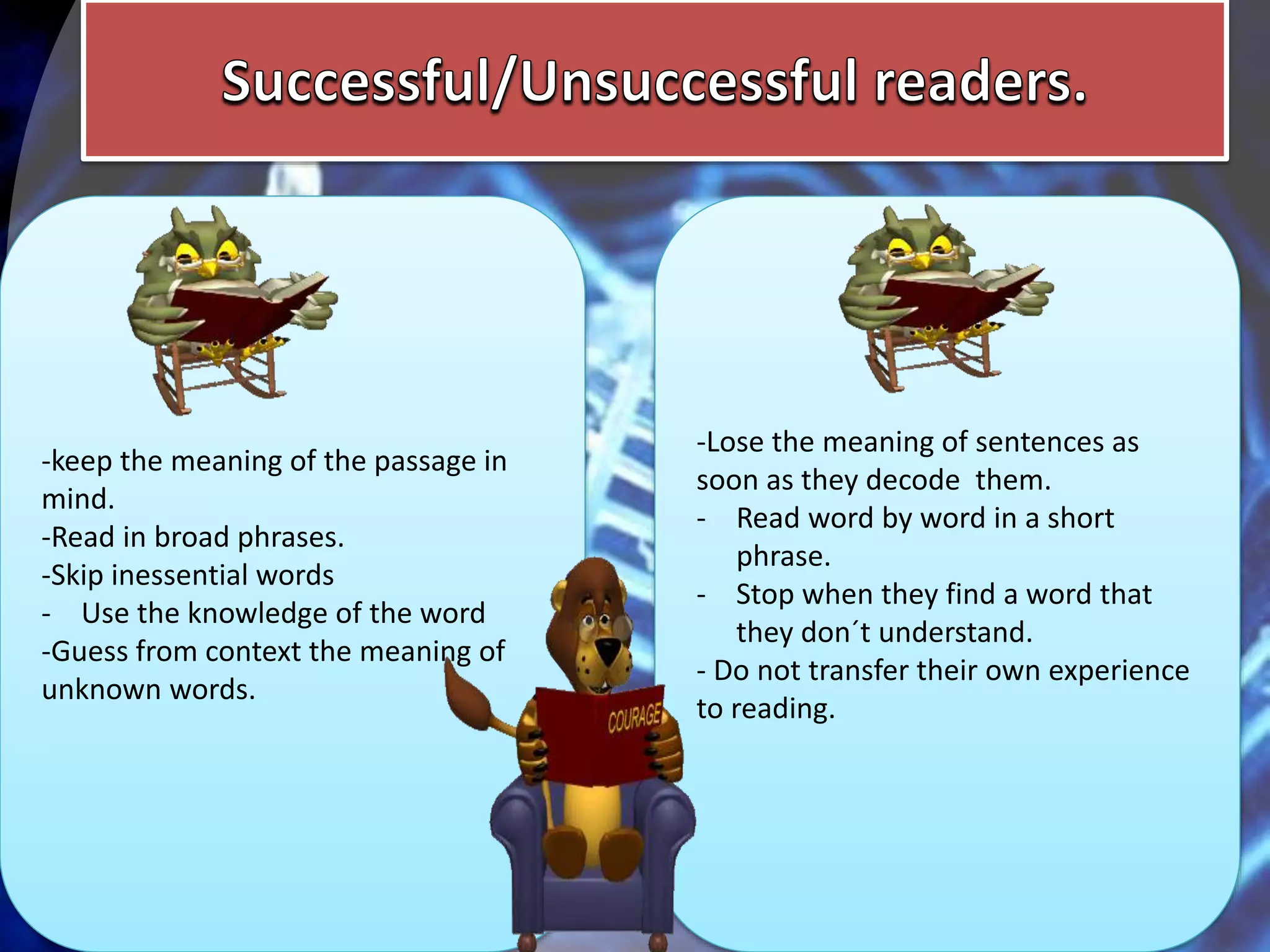 -keep the meaning of the passage in
mind.
-Read in broad phrases.
-Skip inessential words
- Use the knowledge of the word
-Guess from context the meaning of
unknown words.
-Lose the meaning of sentences as
soon as they decode them.
- Read word by word in a short
phrase.
- Stop when they find a word that
they don´t understand.
- Do not transfer their own experience
to reading.
 