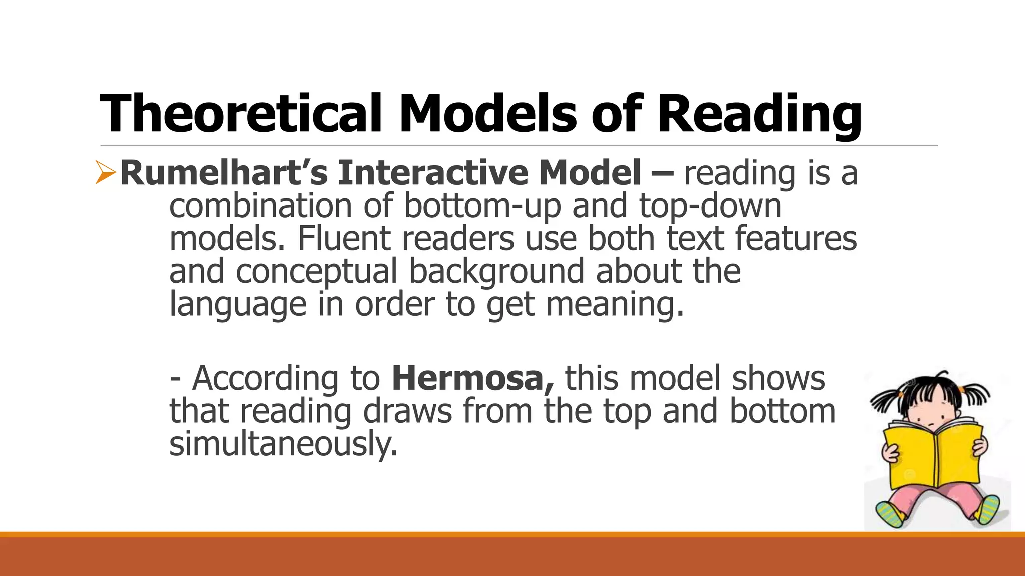 Theoretical Models of Reading
Rumelhart’s Interactive Model – reading is a
combination of bottom-up and top-down
models. Fluent readers use both text features
and conceptual background about the
language in order to get meaning.
- According to Hermosa, this model shows
that reading draws from the top and bottom
simultaneously.
 