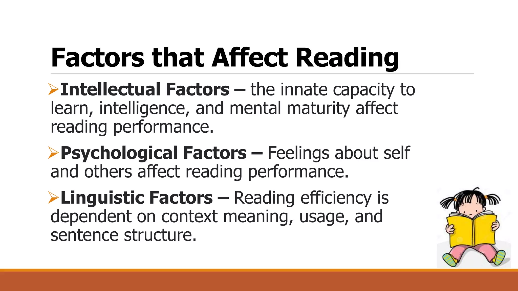 Factors that Affect Reading
Intellectual Factors – the innate capacity to
learn, intelligence, and mental maturity affect
reading performance.
Psychological Factors – Feelings about self
and others affect reading performance.
Linguistic Factors – Reading efficiency is
dependent on context meaning, usage, and
sentence structure.
 