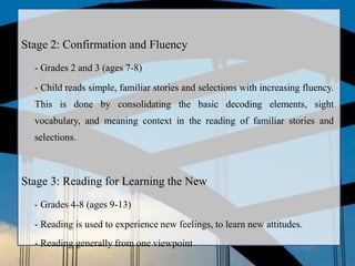 Stage 2: Confirmation and Fluency
- Grades 2 and 3 (ages 7-8)
- Child reads simple, familiar stories and selections with increasing fluency.
This is done by consolidating the basic decoding elements, sight
vocabulary, and meaning context in the reading of familiar stories and
selections.
Stage 3: Reading for Learning the New
- Grades 4-8 (ages 9-13)
- Reading is used to experience new feelings, to learn new attitudes.
- Reading generally from one viewpoint
 
