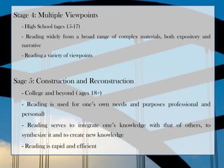 Stage 4: Multiple Viewpoints
  - High School (ages 15-17)
  - Reading widely from a broad range of complex materials, both expository and
  narrative
  - Reading a variety of viewpoints



Sage 5: Construction and Reconstruction
  - College and beyond ( ages 18+)
  - Reading is used for one’s own needs and purposes professional and
  personal)
  - Reading serves to integrate one’s knowledge with that of others, to
  synthesize it and to create new knowledge
  - Reading is rapid and efficient
 