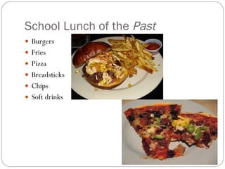 School Lunch of the  Past Burgers Fries Pizza  Breadsticks  Chips  Soft drinks 