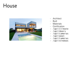 - Architect
- Built
- Materials
- Certiﬁcation
- /api/climate
- /api/doors
- /api/cameras
- /api/pool
- /api/cameras
- /api/windows
House
 