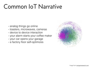 Common IoT Narrative
Image from navigantresearch.com
- analog things go online
- toasters, microwaves, cameras
- device to device interaction
- your alarm starts your coffee maker
- your car opens your garage
- a factory ﬂoor self-optimizes
 