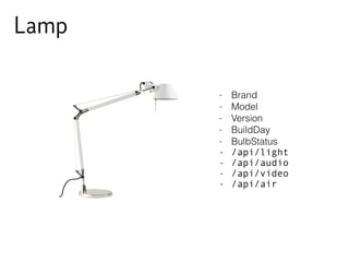 - Brand
- Model
- Version
- BuildDay
- BulbStatus
- /api/light
- /api/audio
- /api/video
- /api/air
Lamp
 