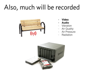 Also, much will be recorded
- Video
- Audio
- Vibration
- Air Quality
- Air Pressure
- Radiation
 