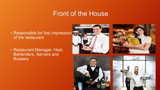 Front of the House
• Responsible for first impression
of the restaurant
• Restaurant Manager, Host,
Bartenders, Servers and
Bussers

 