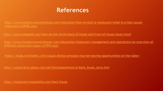 References
http://www.foodservicewarehouse.com/education/how-to-start-a-restaurant/what-is-a-fast-casualrestaurant/c28982.aspx
http://www.wisegeek.org/what-do-the-terms-back-of-house-and-front-of-house-mean.htm#
http://www.foodservicewarehouse.com/education/restaurant-management-and-operations/an-overview-ofdifferent-restaurant-types/c27994.aspx
https://blogs.technomic.com/casual-dining-concepts-may-be-leaving-opportunities-on-the-table/

http://restaurants.about.com/od/kitchenpositions/a/back_house_term.htm

http://restaurant-hospitality.com/back-house

 