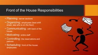 Front of the House Responsibilities
• Planning: server sections
• Organizing: employees (lead shift
sheet, see who is on the floor)

• Communicating: with back of the
house

• Motivating: entire staff
• Controlling: the reservations and
patrons

• Scheduling: front of the house
employees

 