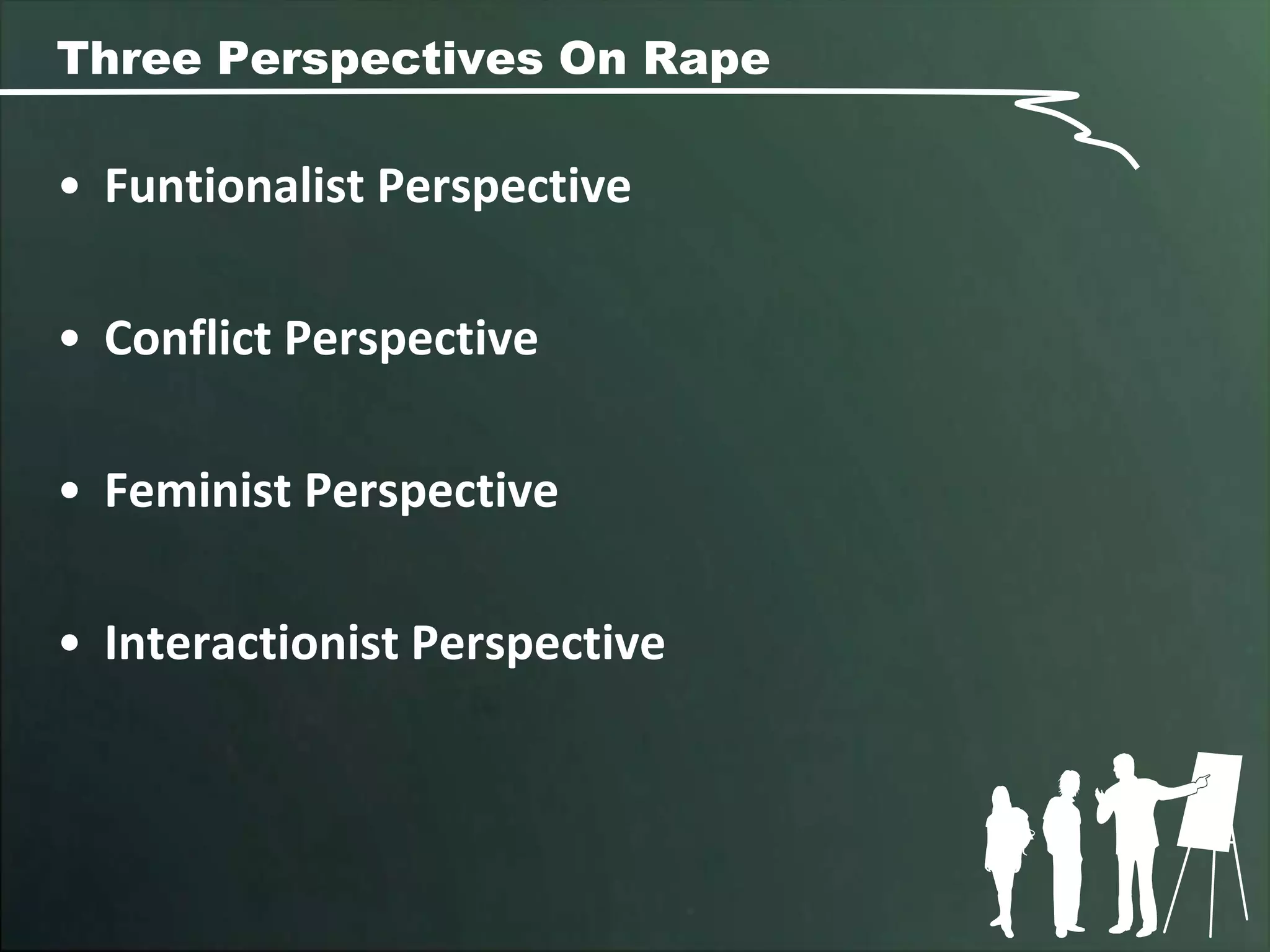 Three Perspectives On Rape

• Funtionalist Perspective

• Conflict Perspective

• Feminist Perspective

• Interactionist Perspective
 