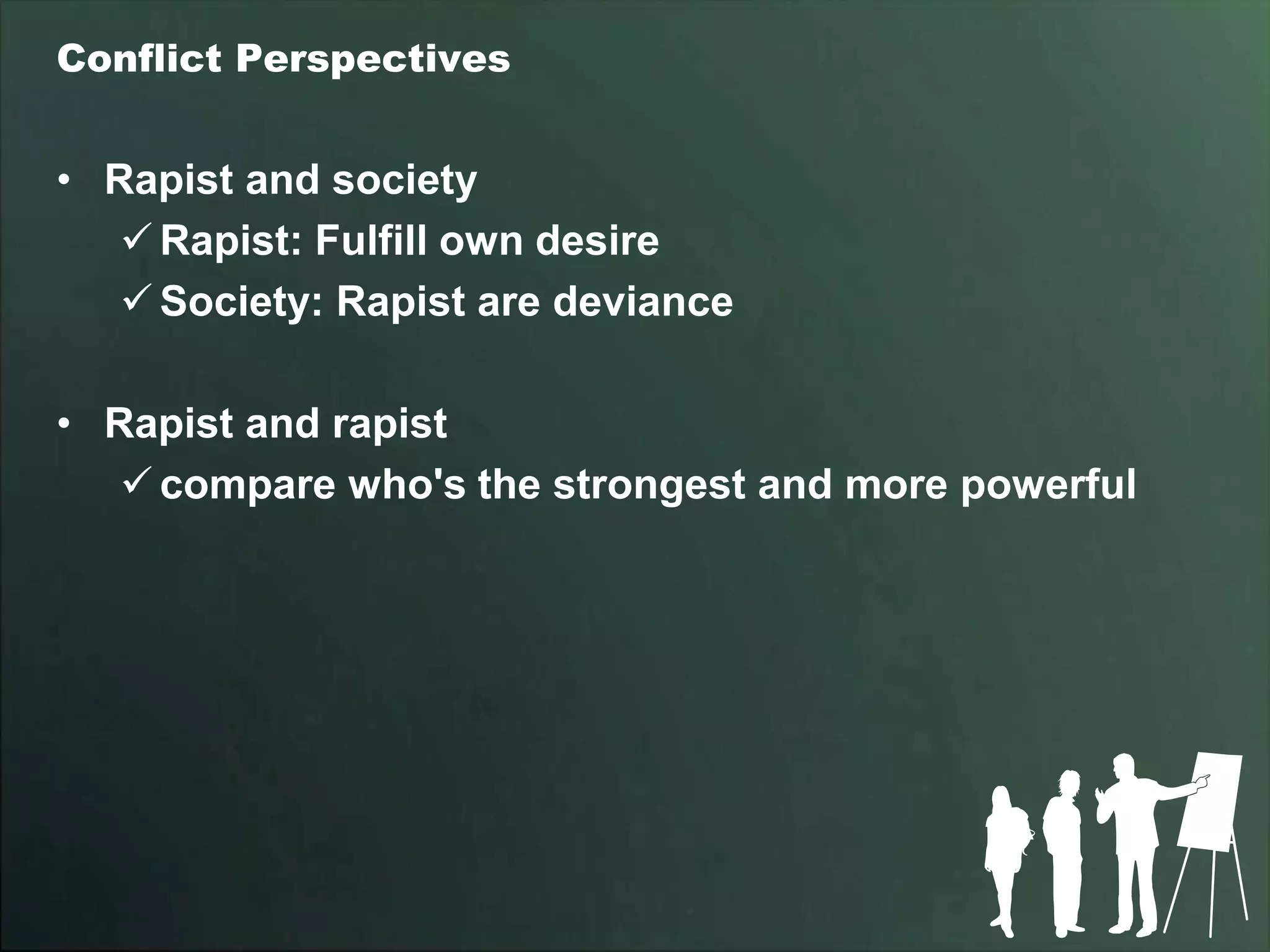 Conflict Perspectives


• Rapist and society
    Rapist: Fulfill own desire
    Society: Rapist are deviance

• Rapist and rapist
    compare who's the strongest and more powerful
 