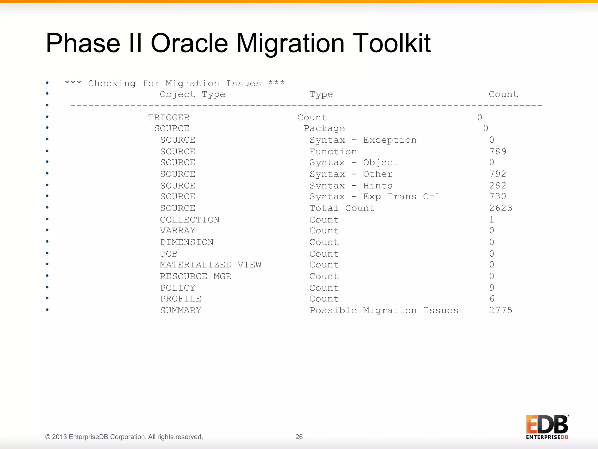 Phase II Oracle Migration Toolkit
• 
• 
• 
• 
• 
• 
• 
• 
• 
• 
• 
• 
• 
• 
• 
• 
• 
• 
• 
• 
• 

*** Checking for Migration Issues ***
Object Type
Type
Count
------------------------------------------------------------------------------TRIGGER
Count
0
SOURCE
Package
0
SOURCE
Syntax - Exception
0
SOURCE
Function
789
SOURCE
Syntax - Object
0
SOURCE
Syntax - Other
792
SOURCE
Syntax - Hints
282
SOURCE
Syntax - Exp Trans Ctl
730
SOURCE
Total Count
2623
COLLECTION
Count
1
VARRAY
Count
0
DIMENSION
Count
0
JOB
Count
0
MATERIALIZED VIEW
Count
0
RESOURCE MGR
Count
0
POLICY
Count
9
PROFILE
Count
6
SUMMARY
Possible Migration Issues
2775

© 2013 EnterpriseDB Corporation. All rights reserved.

26

 