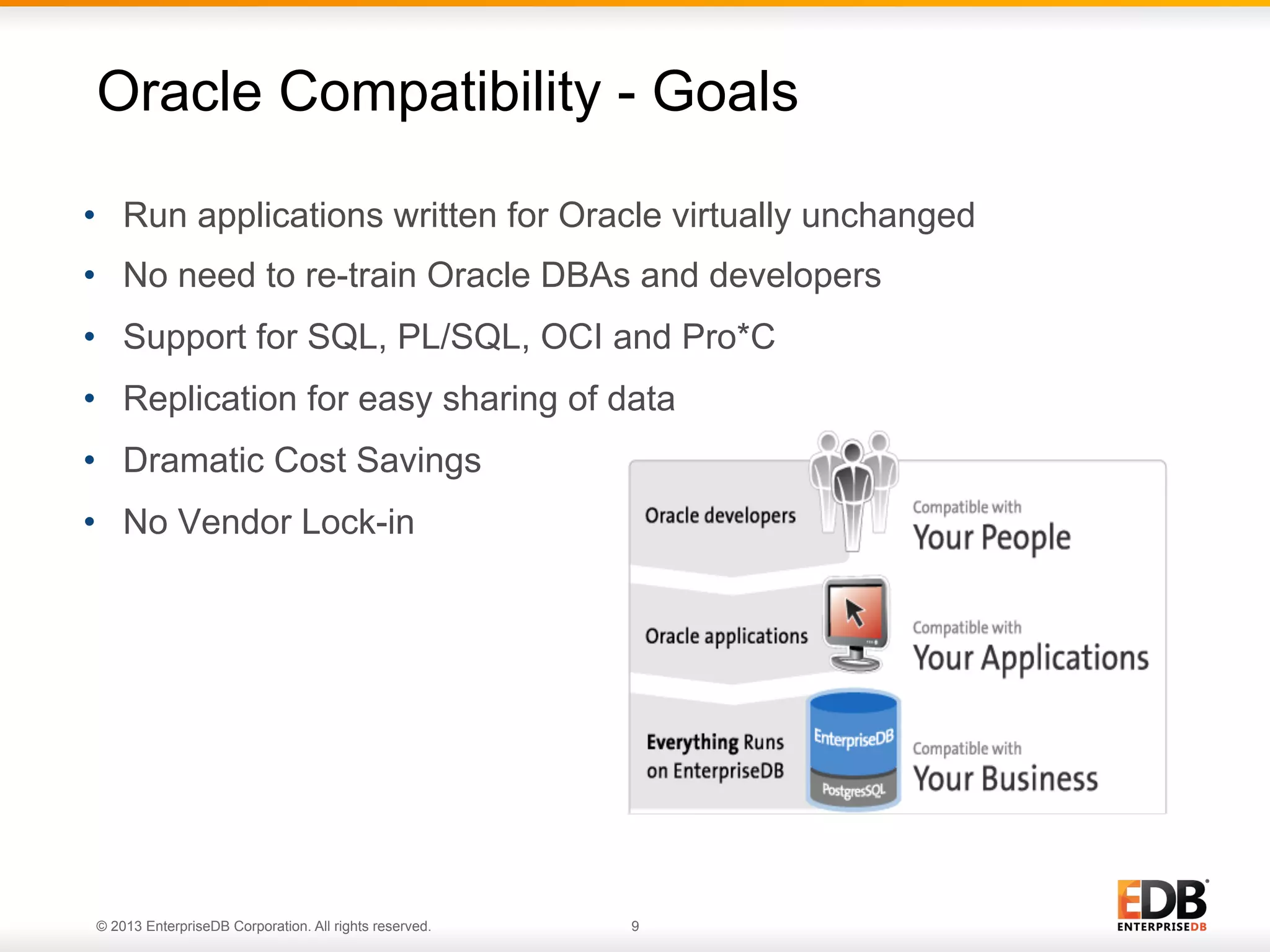 Oracle Compatibility - Goals
•  Run applications written for Oracle virtually unchanged
•  No need to re-train Oracle DBAs and developers
•  Support for SQL, PL/SQL, OCI and Pro*C
•  Replication for easy sharing of data
•  Dramatic Cost Savings
•  No Vendor Lock-in

© 2013 EnterpriseDB Corporation. All rights reserved.

9

 