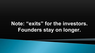 Note: “exits” for the investors.
Founders stay on longer.
 