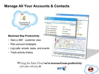 Manage All Your Accounts & ContactsMaximize Rep ProductivityGain a 360°customer view