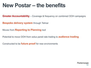 New Postar – the benefits
Greater Accountability – Coverage & frequency on combined OOH campaigns

Bespoke delivery system through Telmar

Moves from Reporting to Planning tool


Potential to move OOH from solus panel rate trading to audience trading


Constructed to be future proof for new environments
 