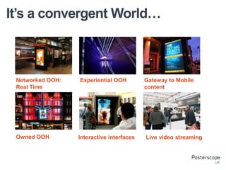 It’s a convergent World…
Gateway to Mobile
content
Networked OOH:
Real Time
Experiential OOH
Owned OOH Interactive interfaces Live video streaming
 