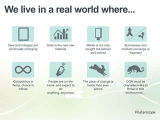 We live in a real world where...


New technologies are   Data is the new raw     Media is not only      Businesses and
continually emerging         material         bought but earned      markets converge or
                                                 and owned                fragment




   Competition is       People are on the    The pace of change is      OOH must be
  fierce, choice is    move and expect to      faster than ever       chameleon-like to
       infinite                do                   before              thrive in that
                       anything, anywhere                              environment…
 