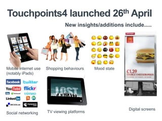 Touchpoints4 launched 26th April
                               New insights/additions include.....




Mobile internet use   Shopping behaviours    Mood state
(notably iPads)




                                                          Digital screens
Social networking     TV viewing platforms
 