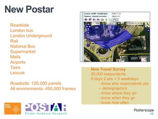 New Postar
 Roadside
 London bus
 London Underground
 Rail
 National Bus
 Supermarket
 Malls
 Airports
 Taxis                              New Travel Survey
 Leisure                            20,000 respondents
                                    9 days 2 w/e + 5 weekdays
 Roadside: 120,000 panels               - know who respondents are
 All environments: 450,000 frames       – demographics
                                        - know where they go
                                        - know when they go
                                        - know how often
 