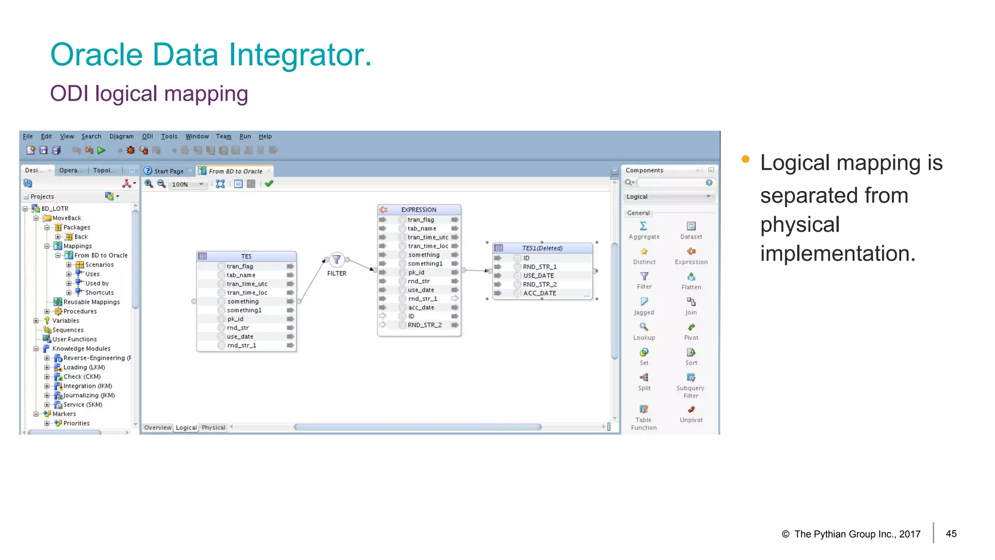 Oracle Data Integrator.
ODI logical mapping
• Logical mapping is
separated from
physical
implementation.
© The Pythian Group Inc., 2017 45
 