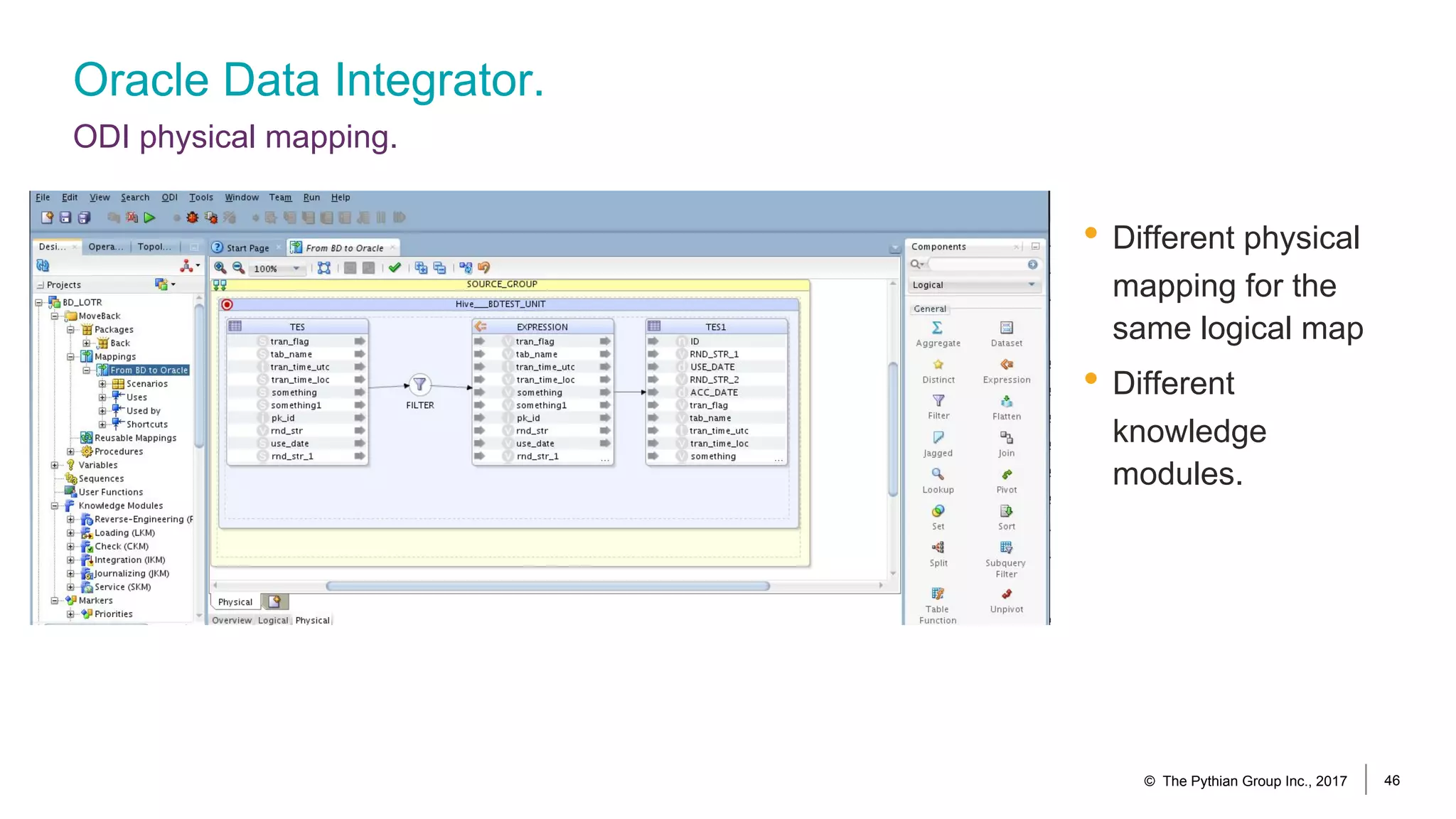 Oracle Data Integrator.
ODI physical mapping.
• Different physical
mapping for the
same logical map
• Different
knowledge
modules.
© The Pythian Group Inc., 2017 46
 
