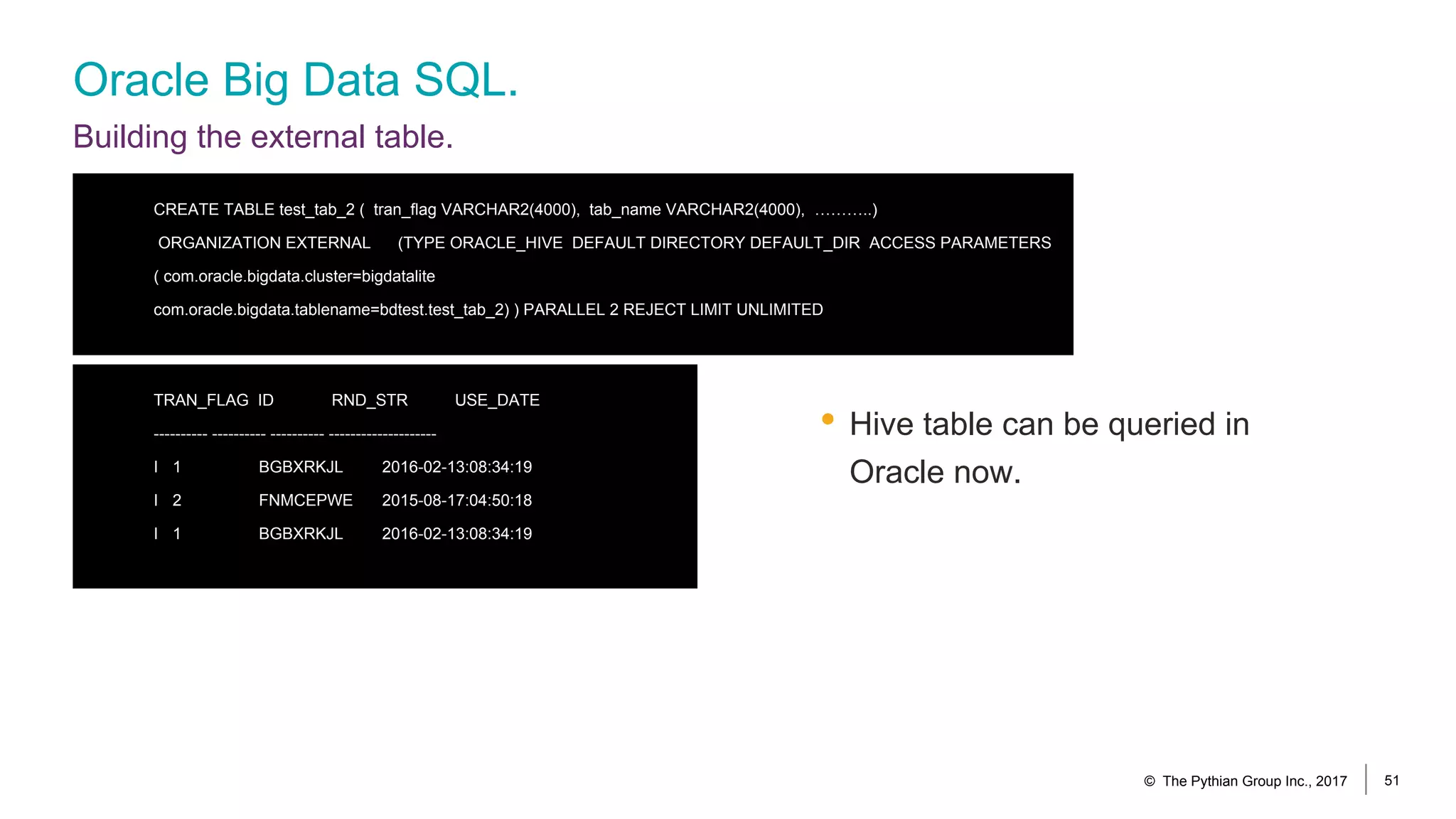 Oracle Big Data SQL.
Building the external table.
• Hive table can be queried in
Oracle now.
© The Pythian Group Inc., 2017 51
CREATE TABLE test_tab_2 ( tran_flag VARCHAR2(4000), tab_name VARCHAR2(4000), ………..)
ORGANIZATION EXTERNAL (TYPE ORACLE_HIVE DEFAULT DIRECTORY DEFAULT_DIR ACCESS PARAMETERS
( com.oracle.bigdata.cluster=bigdatalite
com.oracle.bigdata.tablename=bdtest.test_tab_2) ) PARALLEL 2 REJECT LIMIT UNLIMITED
TRAN_FLAG ID RND_STR USE_DATE
---------- ---------- ---------- --------------------
I 1 BGBXRKJL 2016-02-13:08:34:19
I 2 FNMCEPWE 2015-08-17:04:50:18
I 1 BGBXRKJL 2016-02-13:08:34:19
 
