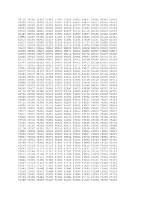 DWILE DWINE DYADS DYERS DYING DYKED DYKES DYKEY DYNEL DYNES DZHOS
EAGER EAGLE EAGRE EALES EANED EARDS EARED EARLS EARLY EARNS EARST
EARTH EASED EASEL EASER EASES EASLE EASTS EATEN EATER EATHE EAVED
EAVES EBBED EBBET EBONS EBONY EBOOK ECADS ECHED ECHES ECHOS ECLAT
ECRUS EDEMA EDGED EDGER EDGES EDICT EDIFY EDILE EDITS EDUCE EDUCT
EEJIT EERIE EEVEN EEVNS EFFED EGADS EGERS EGEST EGGAR EGGED EGGER
EGMAS EGRET EHING EIDER EIDOS EIGHT EIGNE EIKED EIKON EILDS EISEL
EJECT EKING EKKAS ELAIN ELAND ELANS ELATE ELBOW ELCHI ELDER ELDIN
ELECT ELEGY ELEMI ELFED ELFIN ELIAD ELIDE ELINT ELITE ELMEN ELOGE
ELOGY ELOIN ELOPE ELOPS ELPEE ELSIN ELUDE ELUTE ELVAN ELVER ELVES
EMACS EMAIL EMBAR EMBAY EMBED EMBER EMBOG EMBOW EMBOX EMBUS EMCEE
EMEER EMEND EMERY EMEUS EMIRS EMITS EMMAS EMMER EMMET EMMEW EMMYS
EMONG EMOTE EMOVE EMPTS EMPTY EMULE EMURE EMYDE EMYDS ENACT ENARM
ENATE ENDED ENDER ENDEW ENDOW ENDUE ENEMA ENEMY ENEWS ENFIX ENIAC
ENJOY ENLIT ENMEW ENNOG ENNUI ENOKI ENOLS ENORM ENOWS ENROL ENSEW
ENSKY ENSUE ENTER ENTIA ENTRY ENURE ENVOI ENVOY ENZYM EORLS EOSIN
EPACT EPEES EPHAH EPHAS EPHOD EPHOR EPICS EPOCH EPODE EPOPT EPOXY
EPRIS EPROM EQUAL EQUID EQUIP ERASE ERBIA ERECT EREVS ERGON ERGOS
ERGOT ERICA ERICK ERICS ERING ERNED ERNES ERODE EROSE ERRED ERROR
ERSES ERUCT ERUGO ERUPT ERUVS ERVEN ERVIL ESCAR ESCOT ESILE ESKAR
ESKER ESNES ESSAY ESSES ESTER ESTOC ESTOP ESTRO ETAGE ETAPE ETATS
ETENS ETHAL ETHER ETHIC ETHOS ETHYL ETNAS ETTIN ETTLE ETUDE ETUIS
ETWEE ETYMA EUGHS EUKED EUPAD EUROS EUSOL EVADE EVENS EVENT EVERT
EVERY EVETS EVHOE EVICT EVILS EVITE EVOHE EVOKE EWERS EWEST EWHOW
EWKED EXACT EXALT EXAMS EXCEL EXEAT EXECS EXEEM EXEME EXERT EXIES
EXILE EXINE EXING EXIST EXITS EXODE EXONS EXPAT EXPEL EXPOS EXTOL
EXTRA EXUDE EXULS EXULT EXURB EYASS EYERS EYING EYOTS EYRAS EYRES
EYRIE EYRIR FABLE FACED FACER FACES FACET FACIA FACTS FADDY FADED
FADER FADES FADGE FADOS FAENA FAERY FAFFS FAGGY FAGIN FAGOT FAIKS
FAILS FAINE FAINS FAINT FAIRS FAIRY FAITH FAKED FAKER FAKES FAKEY
FAKIR FALAJ FALLS FALSE FAMED FAMES FANAL FANCY FANDS FANES FANGA
FANGO FANGS FANKS FANNY FANON FANOS FANUM FAQIR FARAD FARCE FARCI
FARCY FARDS FARED FARER FARES FARLE FARLS FARMS FAROS FARSE FARTS
FASCI FASTI FASTS FATAL FATED FATES FATLY FATSO FATTY FATWA FAUGH
FAULD FAULT FAUNA FAUNS FAURD FAUTS FAUVE FAVAS FAVEL FAVER FAVES
FAVOR FAVUS FAWNS FAWNY FAXED FAXES FAYED FAYER FAYNE FAYRE FAZED
FAZES FEALS FEARE FEARS FEASE FEAST FEATS FEAZE FECAL FECES FECHT
FECIT FECKS FEDEX FEEBS FEEDS FEELS FEENS FEERS FEESE FEEZE FEHME
FEIGN FEINT FEIST FELID FELLA FELLS FELLY FELON FELTS FELTY FEMAL
FEMES FEMME FEMMY FEMUR FENCE FENDS FENDY FENIS FENKS FENNY FENTS
FEODS FEOFF FERAL FERER FERES FERIA FERLY FERMI FERMS FERNS FERNY
FERRY FESSE FESTA FESTS FESTY FETAL FETAS FETCH FETED FETES FETID
FETOR FETTA FETTS FETUS FETWA FEUAR FEUDS FEUED FEVER FEWER FEYED
FEYER FEYLY FEZES FEZZY FIARS FIATS FIBER FIBRE FIBRO FICES FICHE
FICHU FICIN FICOS FICUS FIDGE FIDOS FIEFS FIELD FIEND FIENT FIERE
FIERS FIERY FIEST FIFED FIFER FIFES FIFTH FIFTY FIGHT FIGOS FIKED
FIKES FILAR FILCH FILED FILER FILES FILET FILLE FILLO FILLS FILLY
FILMI FILMS FILMY FILOS FILTH FILUM FINAL FINCA FINCH FINDS FINED
FINER FINES FINIS FINKS FINNY FINOS FIORD FIQUE FIRED FIRER FIRES
FIRIE FIRKS FIRMS FIRNS FIRRY FIRST FIRTH FISCS FISHY FISKS FISTS
FISTY FITCH FITLY FITNA FITTE FITTS FIVER FIVES FIXED FIXER FIXES
FIXIT FIZZY FJELD FJORD FLABS FLACK FLAFF FLAGS FLAIL FLAIR FLAKE
FLAKS FLAKY FLAME FLAMM FLAMS FLAMY FLANK FLANS FLAPS FLARE FLARY
FLASH FLASK FLATS FLAWN FLAWS FLAWY FLAXY FLAYS FLEAM FLEAS FLECK
FLEER FLEES FLEET FLEGS FLEME FLESH FLEWS FLEXO FLEYS FLICK FLICS
FLIED FLIER FLIES FLIMP FLIMS FLING FLINT FLIPS FLIRS FLIRT FLISK
FLITE FLITS FLITT FLOAT FLOCK FLOCS FLOES FLOGS FLONG FLOOD FLOOR
 