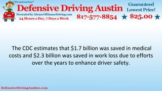 The CDC estimates that $1.7 billion was saved in medical
costs and $2.3 billion was saved in work loss due to efforts
over the years to enhance driver safety.
 