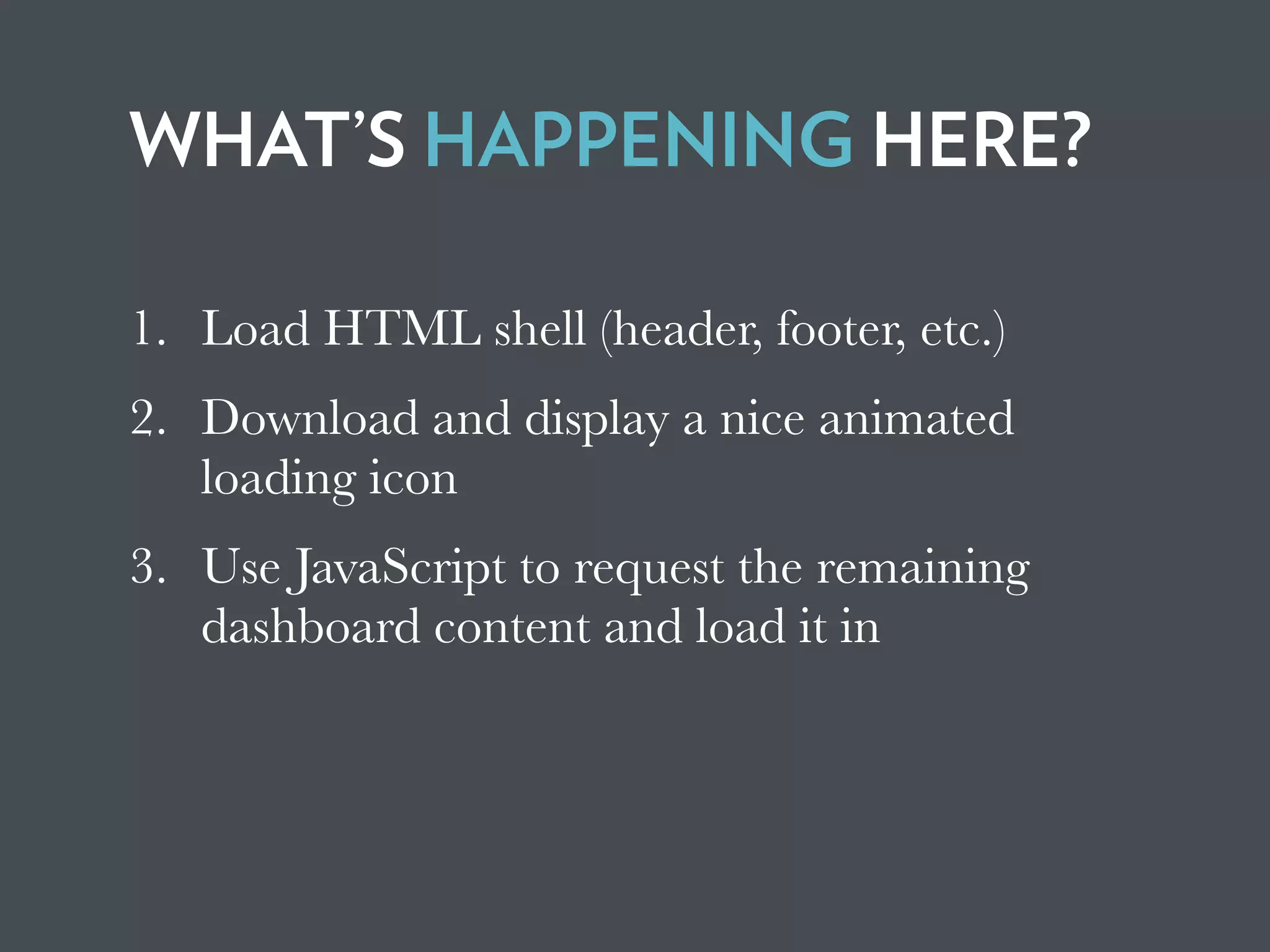 WHAT’S HAPPENING HERE?
1. Load HTML shell (header, footer, etc.)
2. Download and display a nice animated
loading icon
3. Use JavaScript to request the remaining
dashboard content and load it in
 