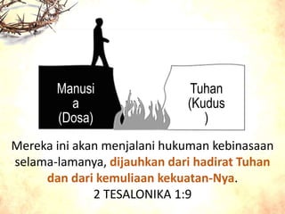 Tuhan
(Kudus
)
Manusi
a
(Dosa)
Mereka ini akan menjalani hukuman kebinasaan
selama-lamanya, dijauhkan dari hadirat Tuhan
dan dari kemuliaan kekuatan-Nya.
2 TESALONIKA 1:9
 