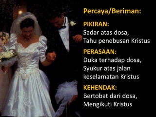PIKIRAN:
Sadar atas dosa,
Tahu penebusan Kristus
PERASAAN:
Duka terhadap dosa,
Syukur atas jalan
keselamatan Kristus
KEHENDAK:
Bertobat dari dosa,
Mengikuti Kristus
Percaya/Beriman:
 