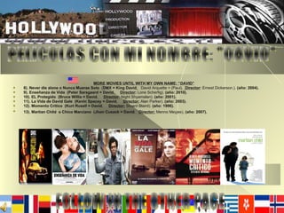 MORE MOVIES UNTIL WITH MY OWN NAME: “DAVID” 8). Never die alone o Nunca Mueras Solo  ( DMX = King David ,   David Arquette = (Paul),  Director :  Ernest Dickerson.).  (año: 2004). 9). Enseñanza de Vida  (Peter Sarsgaard = David ,  Director :  Lone Scherfig).  (año: 2010).   10). EL Protegido  (Bruce Willis = David ,  Director :  Night Shyamalan).  (año: 2001).   11). La Vida de David Gale  (Kevin Spacey = David ,  Director:  Alan Parker).  (año: 2003).   12).   Momento Critico   (Kurt Rusell = David ,  Director:  Stuard Blaird).  (año: 1996).   13). Martian Child  o Chico Marciano  (Jhon Cusack = David ,  Director:  Menno Meyjes),  (año: 2007).   FOLLOW IN THE OTHER PAGE PELICULAS CON MI NOMBRE: "DAVID" 