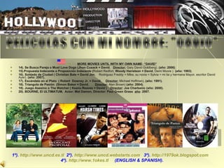 MORE MOVIES UNTIL WITH MY OWN NAME: “DAVID” 14). Se Busca Pareja o Must Love Dogs (Jhon Cusack = David ,  Director:  Gary David Goldberg).  (año: 2006) . 15).Propuesta Indecente o Proposición Indecente ( Robert Redfort,  Woody Harrelson = David , Demi Moore )  (año: 1993) . 16). Soldado de Ciudad (   Christian Bale = David Jim ,  Rodriguez Freddy = Mike, su novia = Sylvia = mi tia y hermana Mayor, escritor David Ayer).  (año: 2007). 17). Escándalo en el Plato  (   Robert  Downey Jr. = David ,  Director:  Michael Hoffman),  (año: 1991). 18). Triangulo de Pasión  (Simon Baker = David ,  Director :  Alan Brown)  (año: 2004). 19). Juego Asesino o The Watcher ( Keanu Reaves = David )  Director : Joe Charbanic (año: 2000). 20). BOURNE, El ULTIMATUM,  Actor: Mat Damon, Director: Paul Green Grass  año : 2007. 1º).   http://www.uncd.es.tl   2º).   http://www.uncd.webstarts.com   3º).   http://1979ok.blogspot.com   4º).   http://www.1okes.tl   (ENGLISH & SPANISH). PELICULAS CON MI NOMBRE: "DAVID" 