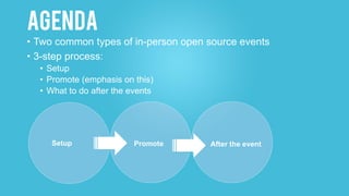 agenda
• Two common types of in-person open source events
• 3-step process:
• Setup
• Promote (emphasis on this)
• What to...
