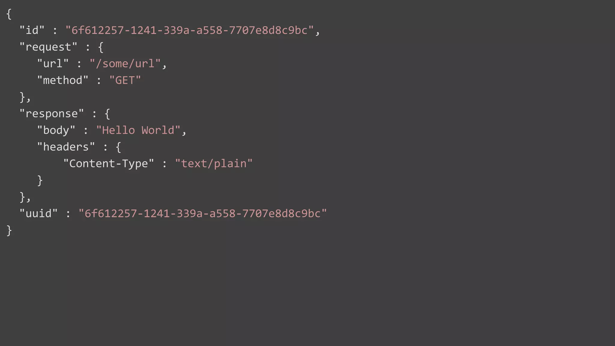 {
"id" : "6f612257-1241-339a-a558-7707e8d8c9bc",
"request" : {
"url" : "/some/url",
"method" : "GET"
},
"response" : {
"body" : "Hello World",
"headers" : {
"Content-Type" : "text/plain"
}
},
"uuid" : "6f612257-1241-339a-a558-7707e8d8c9bc"
}
 