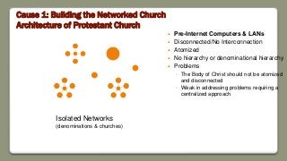 Cause 1: Building the Networked Church
Architecture of Protestant Church
 Pre-Internet Computers & LANs
 Disconnected/No Interconnection
 Atomized
 No hierarchy or denominational hierarchy
 Problems
◦ The Body of Christ should not be atomized
and disconnected
◦ Weak in addressing problems requiring a
centralized approach
Isolated Networks
(denominations & churches)
 
