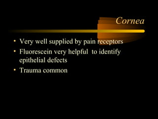 Cornea
• Very well supplied by pain receptors
• Fluorescein very helpful to identify
epithelial defects
• Trauma common
 