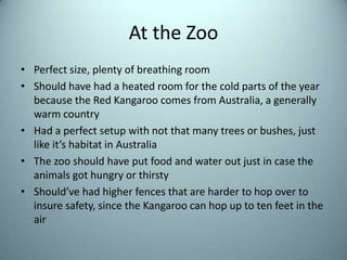 At the ZooPerfect size, plenty of breathing roomShould have had a heated room for the cold parts of the year because the Red Kangaroo comes from Australia, a generally warm countryHad a perfect setup with not that many trees or bushes, just like it’s habitat in AustraliaThe zoo should have put food and water out just in case the animals got hungry or thirstyShould’ve had higher fences that are harder to hop over to insure safety, since the Kangaroo can hop up to ten feet in the air